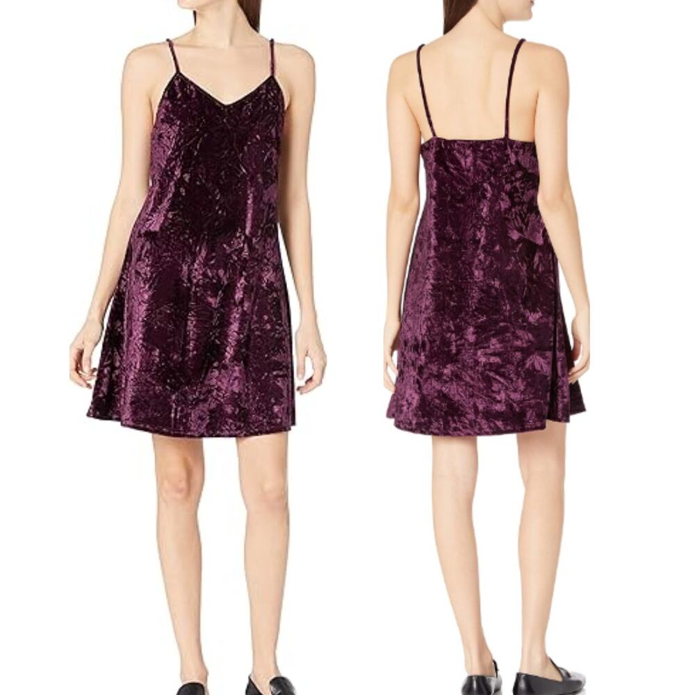 Angie Women's Velvet Velour Mini Dress L Purple V-Neck Spaghetti Strap